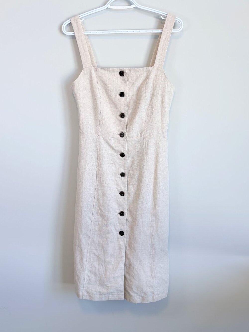 Gap Linen Blend Midi Dress Button Front Pockets Granola Girl Beige Size 2
